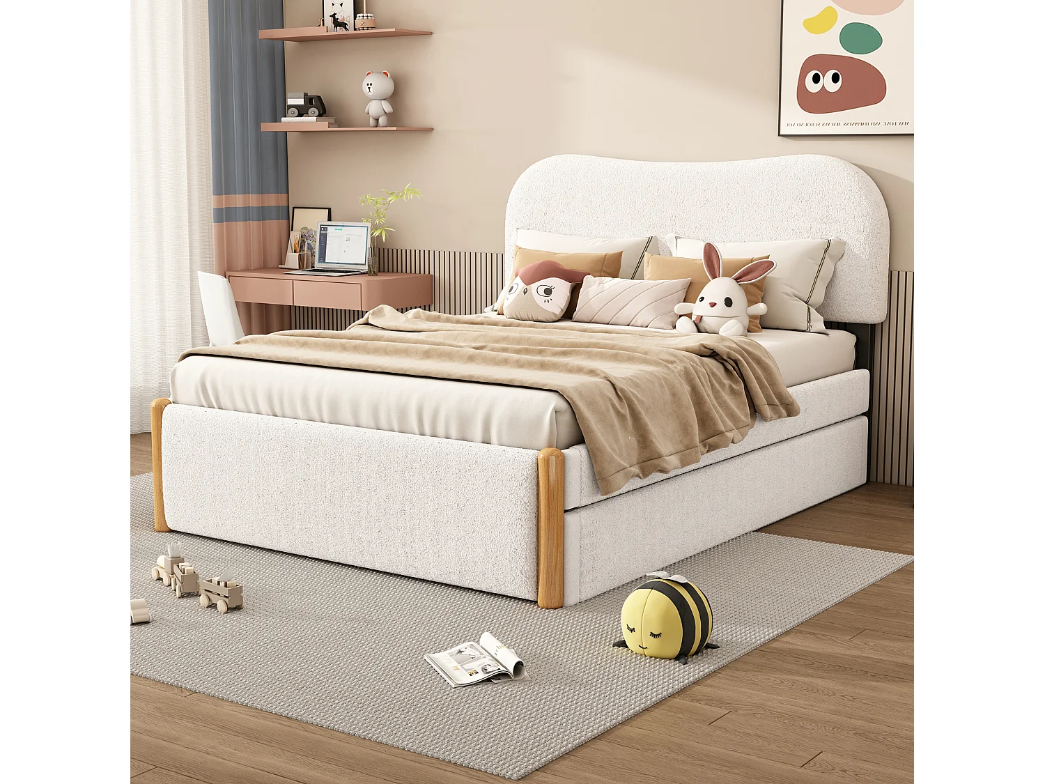 Letto bianco per adulti 140x200cm con letto estraibile 91x191cm, tessuto peloso + MDF