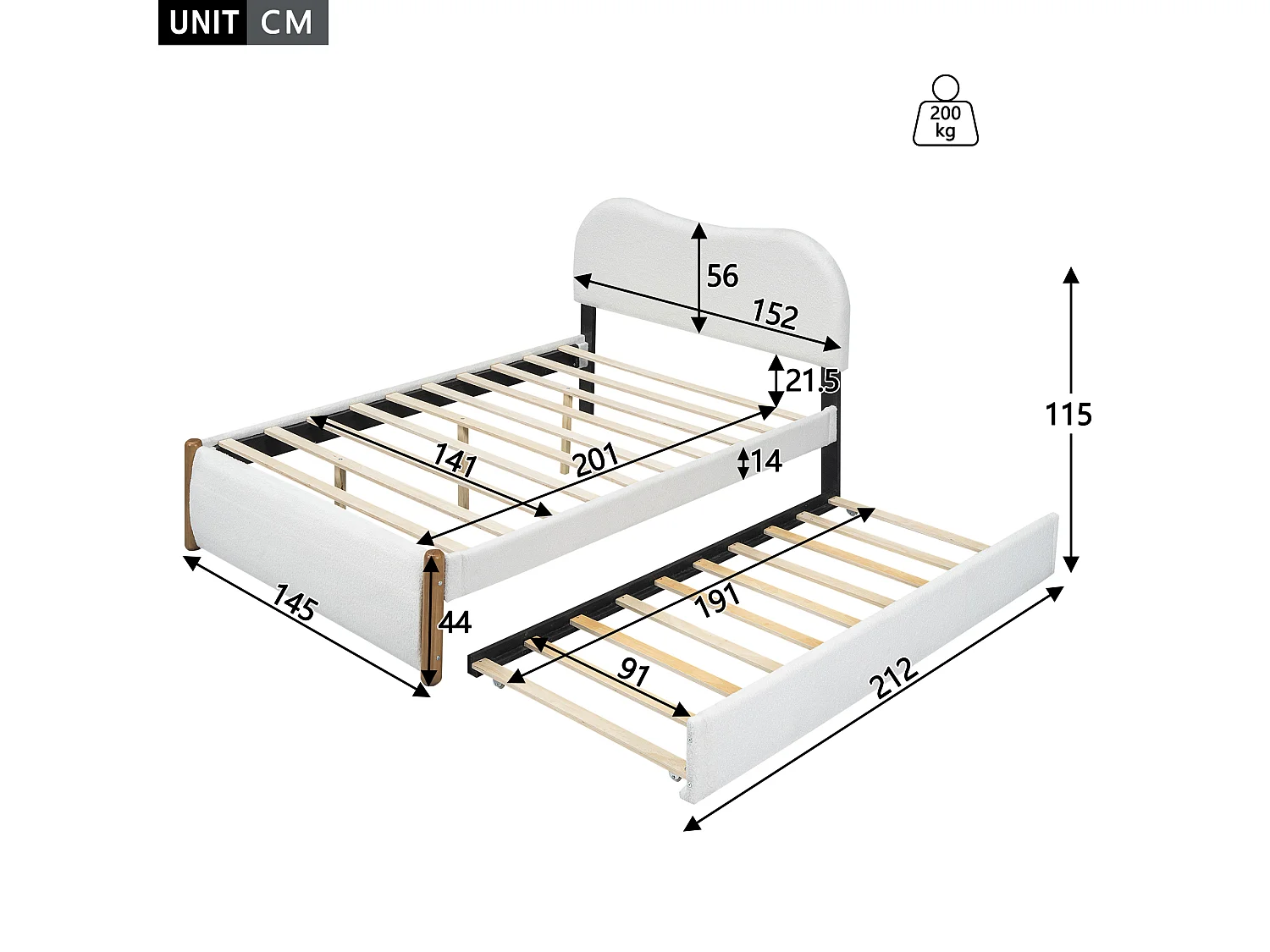 Letto bianco per adulti 140x200cm con letto estraibile 91x191cm, tessuto peloso + MDF