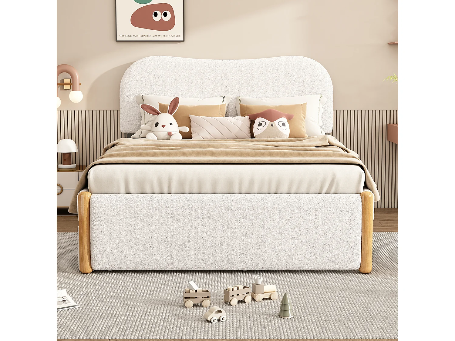 Letto bianco per adulti 140x200cm con letto estraibile 91x191cm, tessuto peloso + MDF