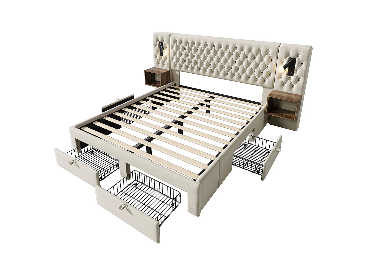 Lit double adulte 180x200cm en velours beige avec 2 tables de chevet, 4 tiroirs, USB et liseuse, sans matelas