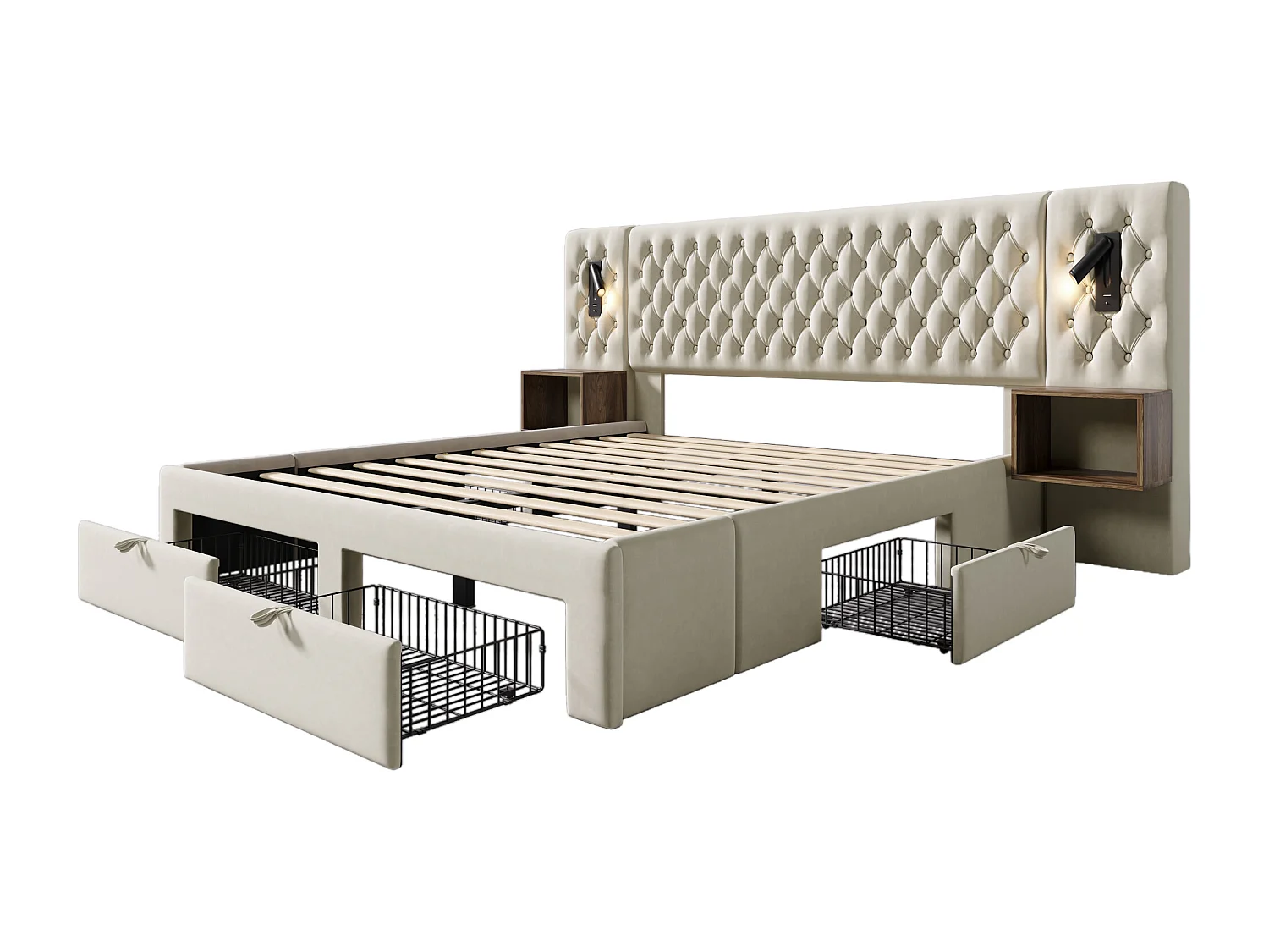 Lit double adulte 180x200cm en velours beige avec 2 tables de chevet, 4 tiroirs, USB et liseuse, sans matelas