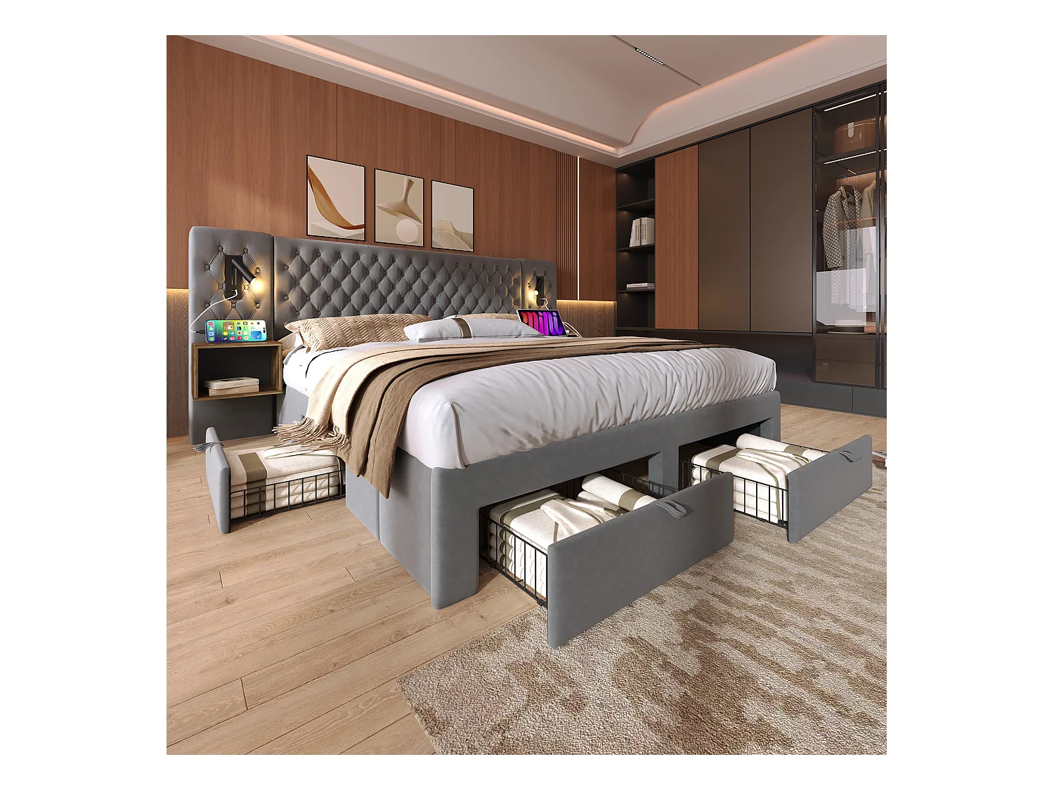 Lit double adulte 160x200cm en velours gris avec 2 tables de chevet, 4 tiroirs, USB et liseuse, sans matelas