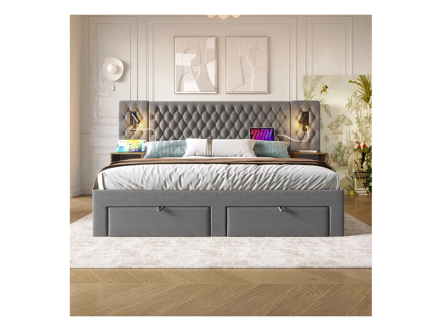 Lit double adulte 160x200cm en velours gris avec 2 tables de chevet, 4 tiroirs, USB et liseuse, sans matelas