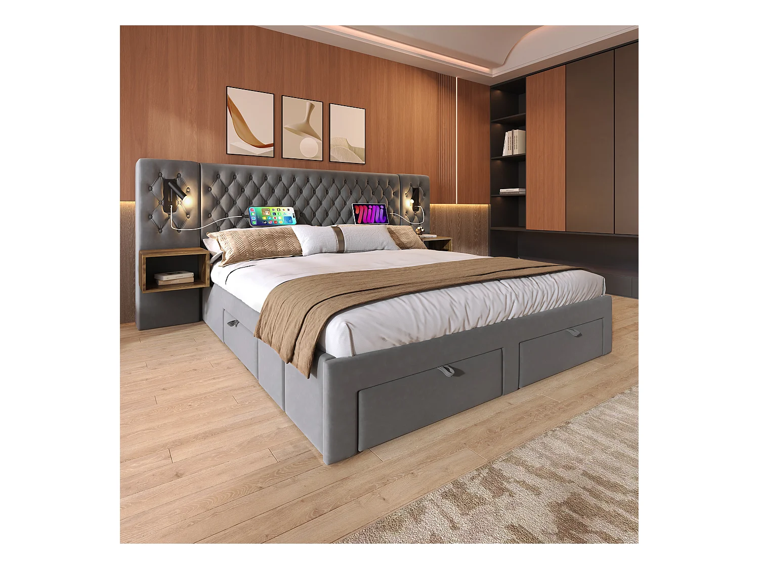 Lit double adulte 160x200cm en velours gris avec 2 tables de chevet, 4 tiroirs, USB et liseuse, sans matelas