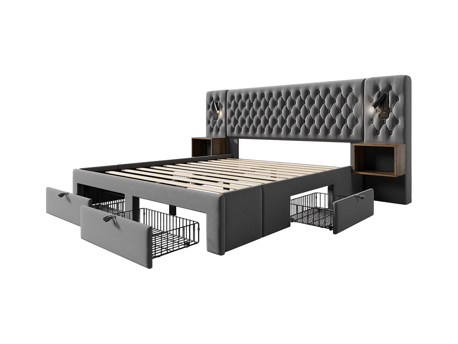 Lit double adulte 160x200cm en velours gris avec 2 tables de chevet, 4 tiroirs, USB et liseuse, sans matelas