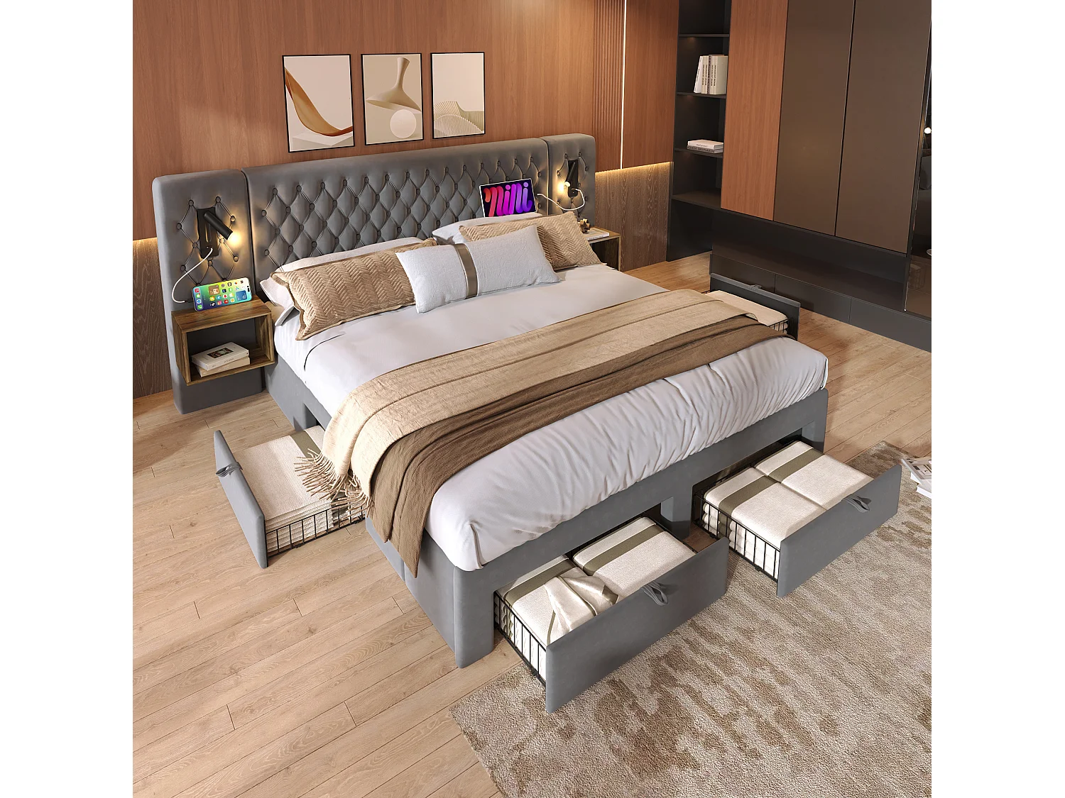 Lit double adulte 160x200cm en velours gris avec 2 tables de chevet, 4 tiroirs, USB et liseuse, sans matelas
