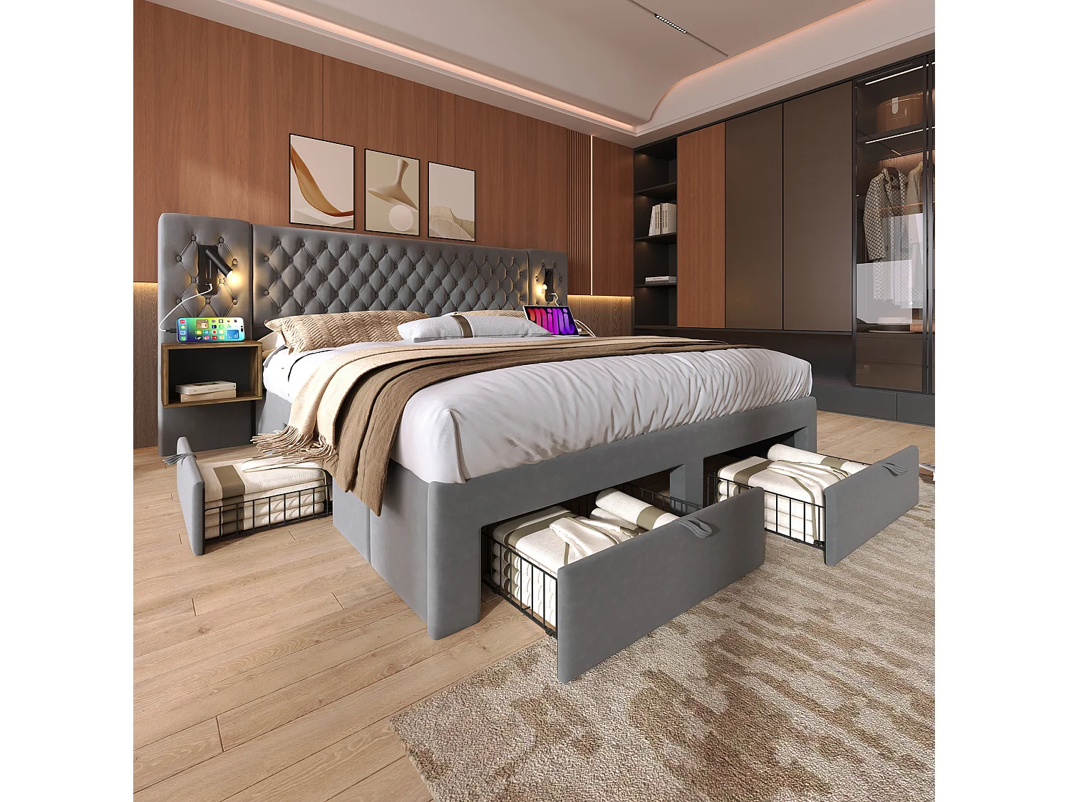 Lit double adulte 160x200cm en velours gris avec 2 tables de chevet, 4 tiroirs, USB et liseuse, sans matelas