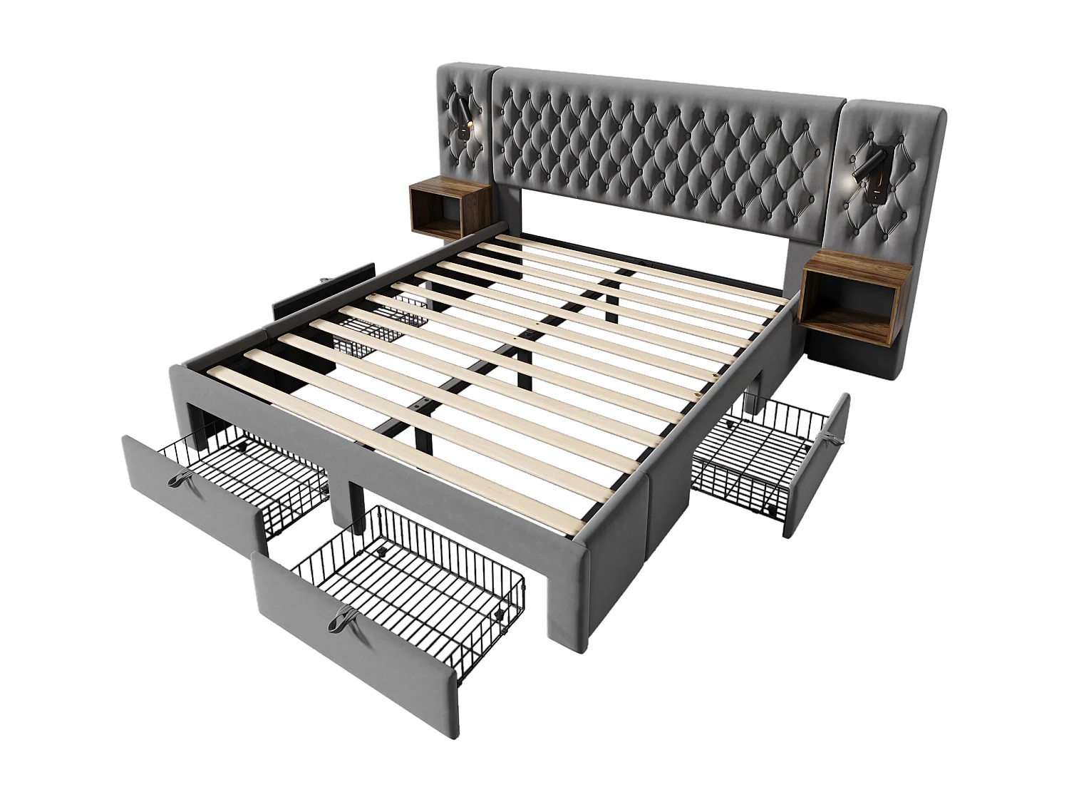 Lit double adulte 160x200cm en velours gris avec 2 tables de chevet, 4 tiroirs, USB et liseuse, sans matelas