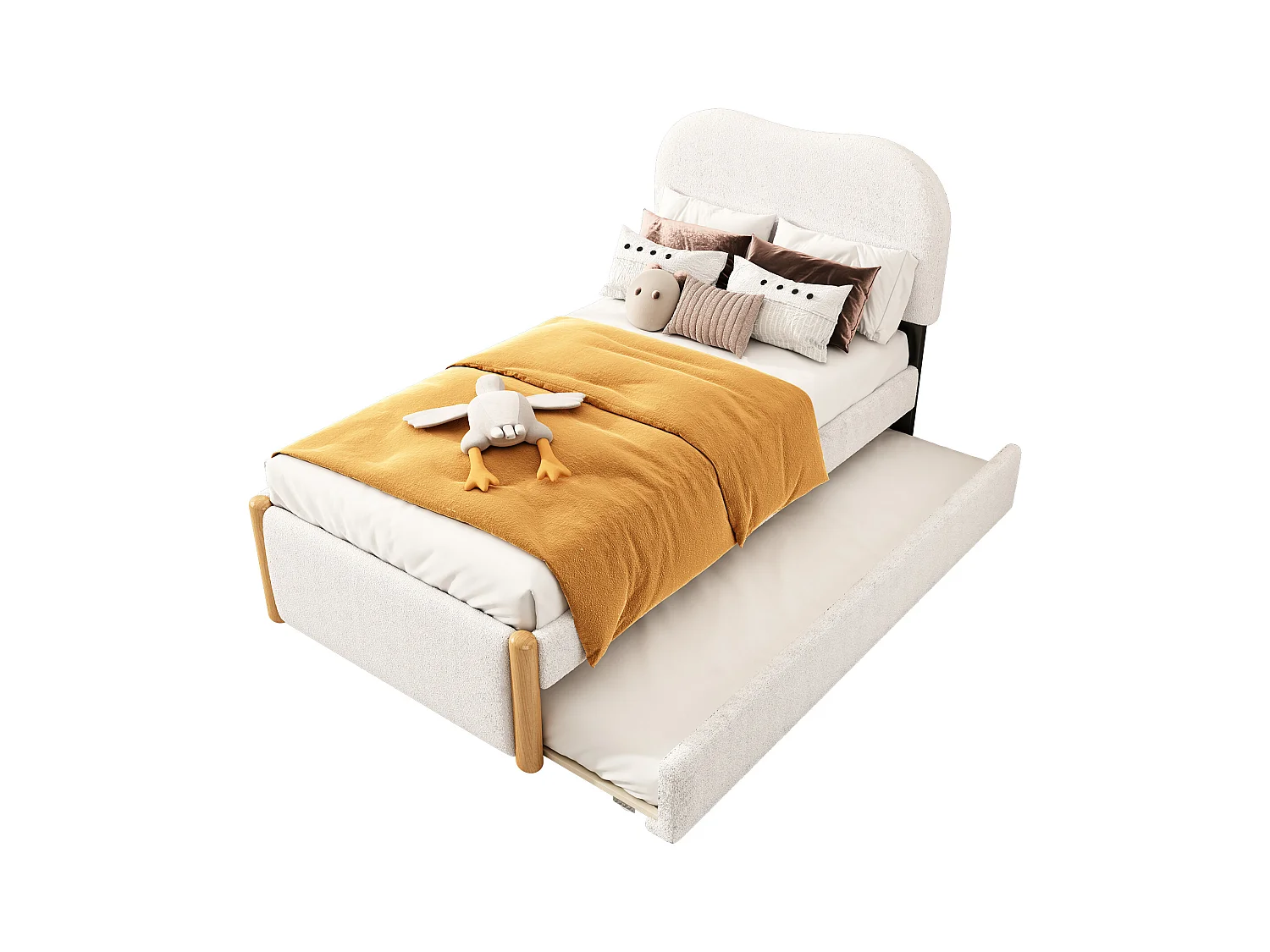 Lit adulte blanc 90x200cm avec lit gigogne 91x191cm, tissu poilu + MDF