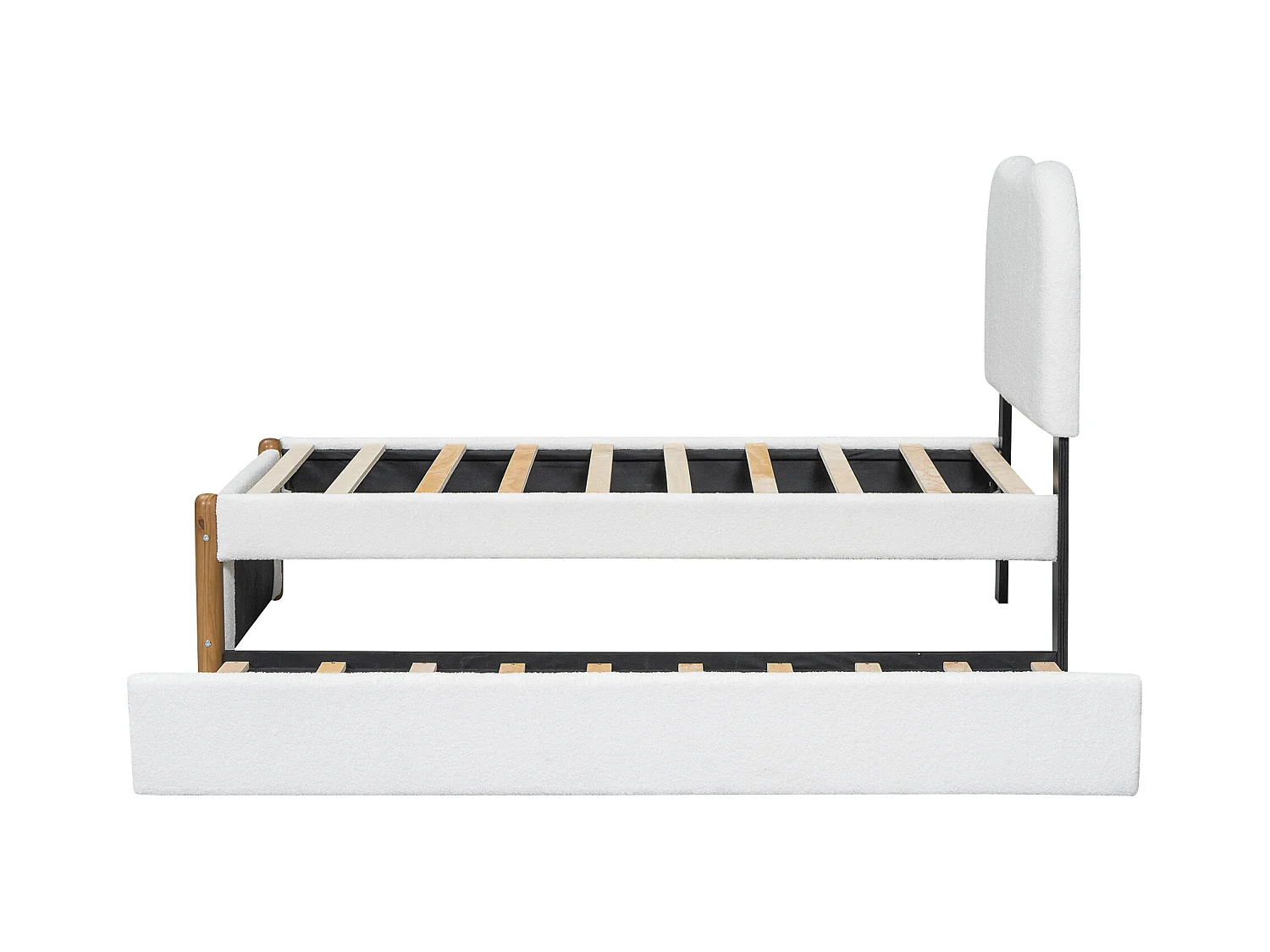 Lit adulte blanc 90x200cm avec lit gigogne 91x191cm, tissu poilu + MDF