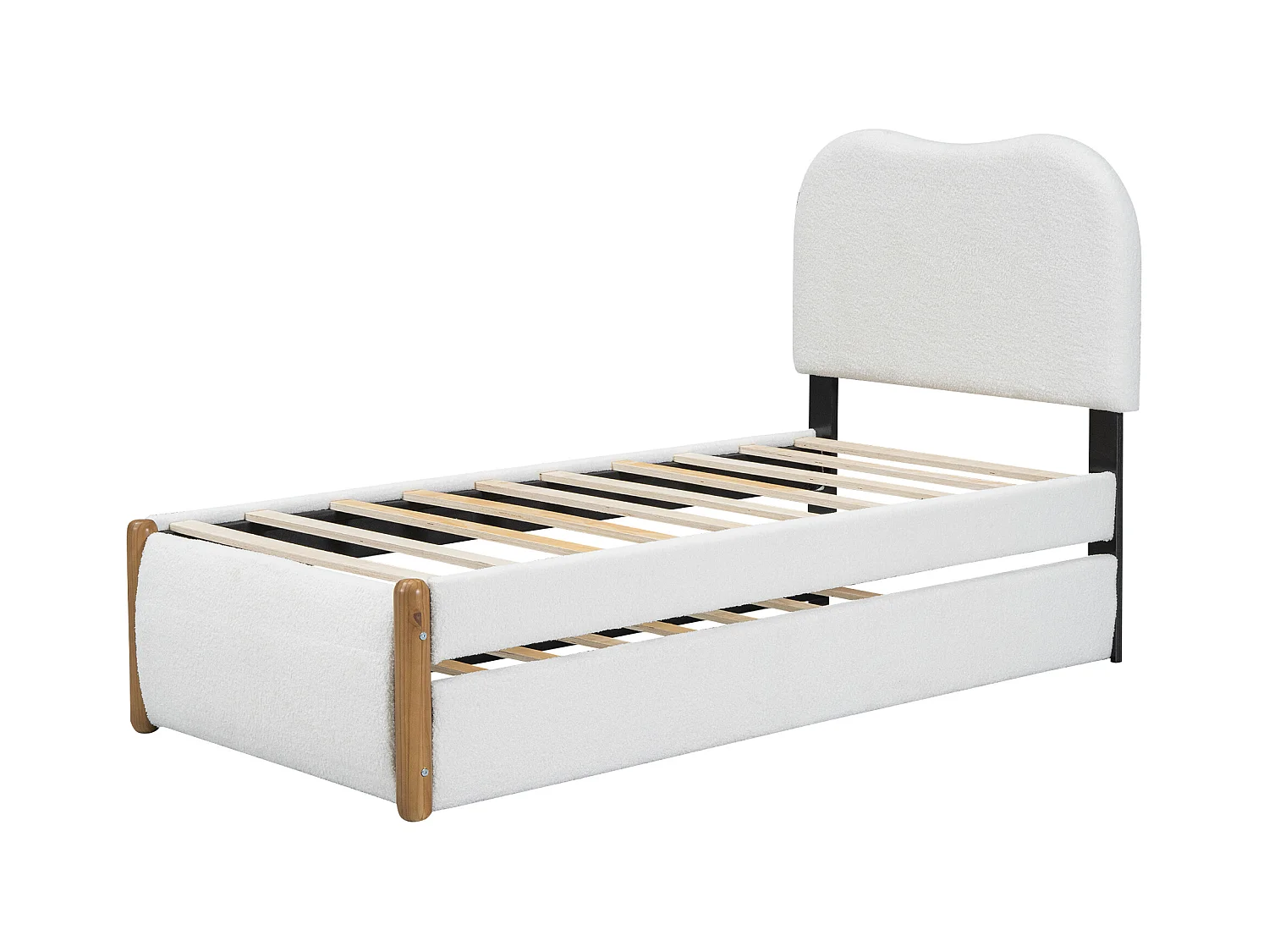 Lit adulte blanc 90x200cm avec lit gigogne 91x191cm, tissu poilu + MDF