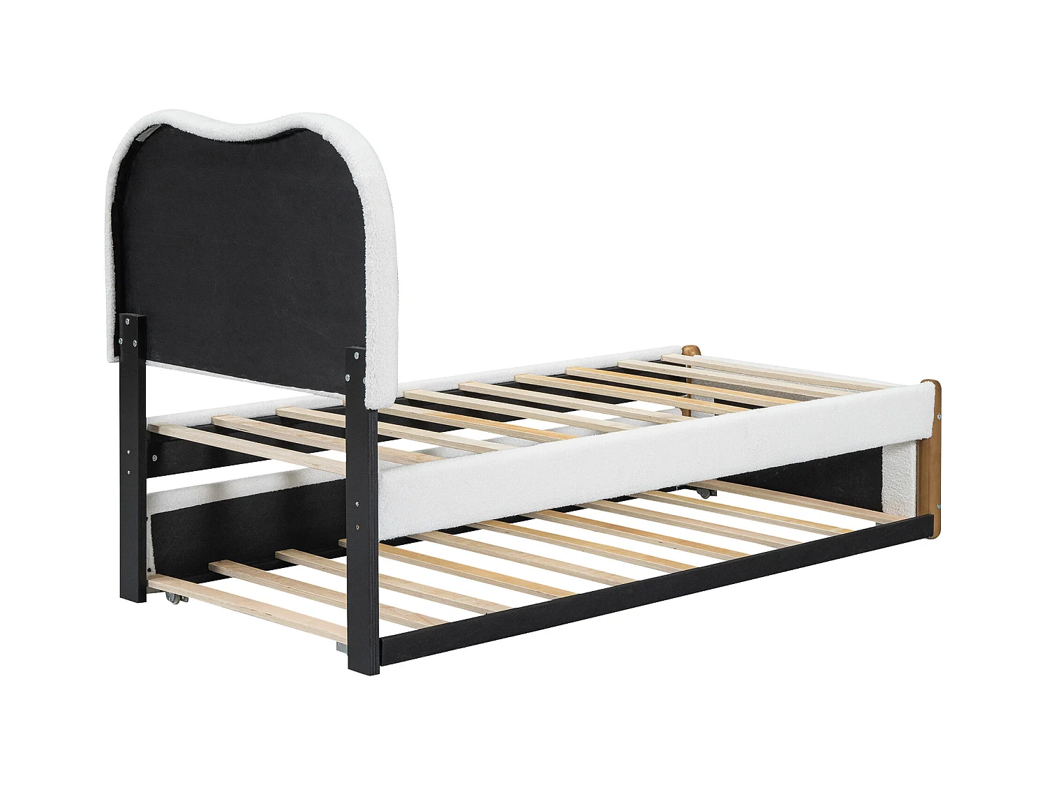 Lit adulte blanc 90x200cm avec lit gigogne 91x191cm, tissu poilu + MDF