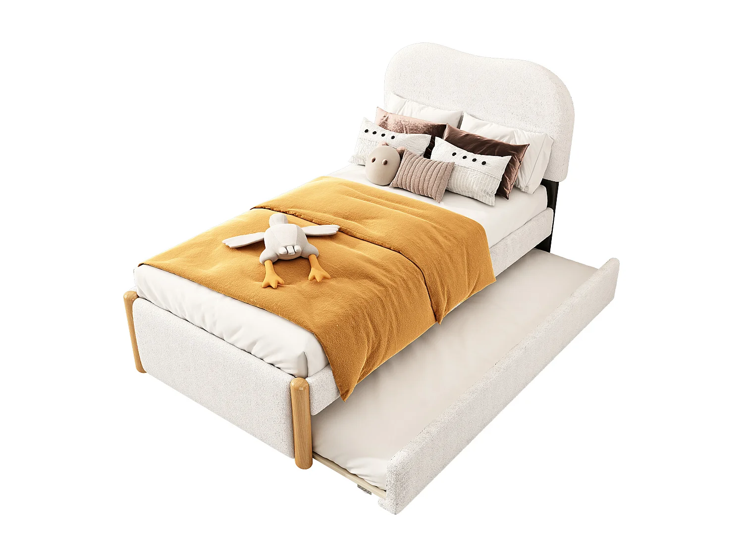 Lit adulte blanc 90x200cm avec lit gigogne 91x191cm, tissu poilu + MDF