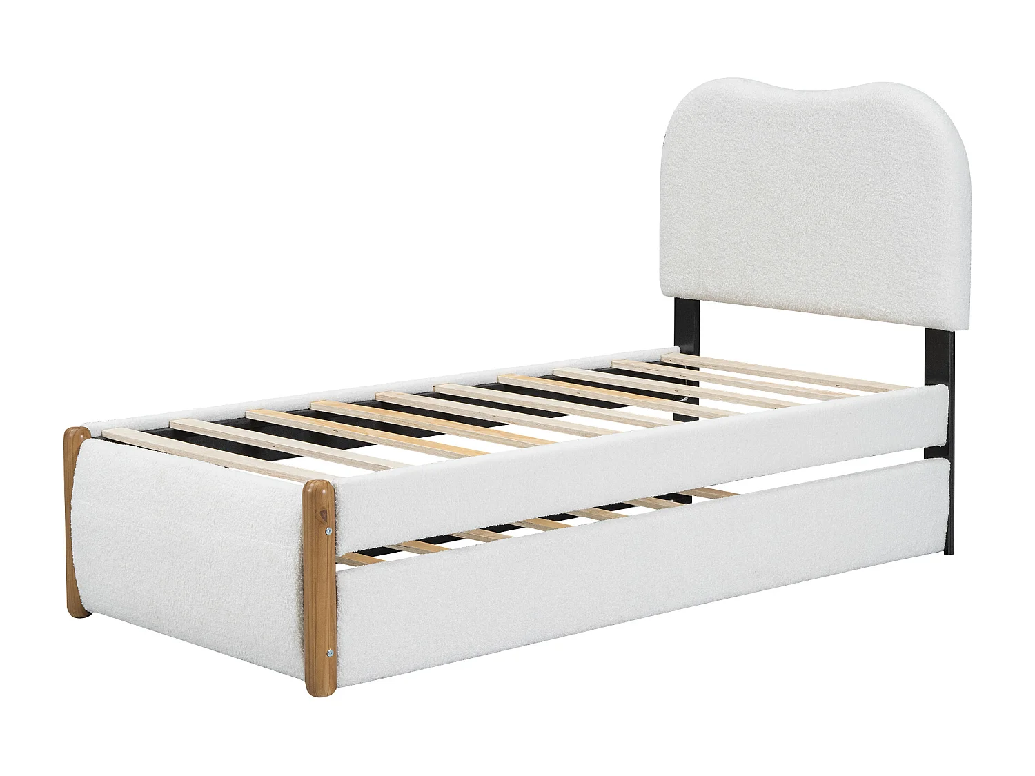 Lit adulte blanc 90x200cm avec lit gigogne 91x191cm, tissu poilu + MDF