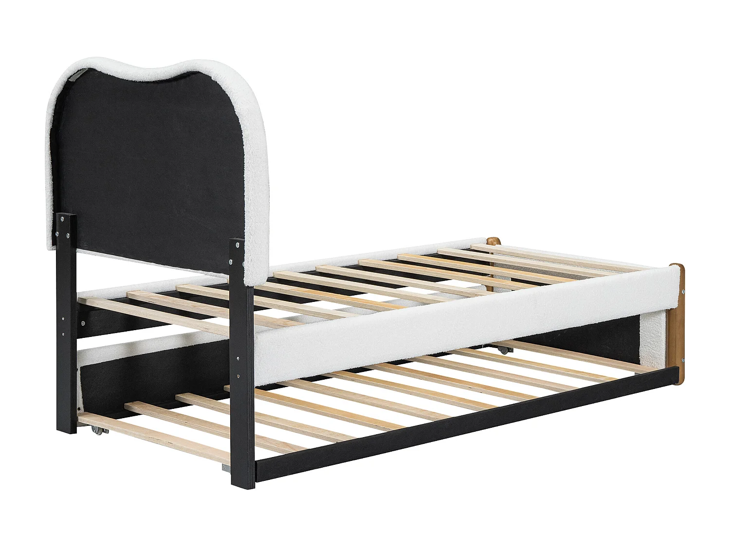 Lit adulte blanc 90x200cm avec lit gigogne 91x191cm, tissu poilu + MDF