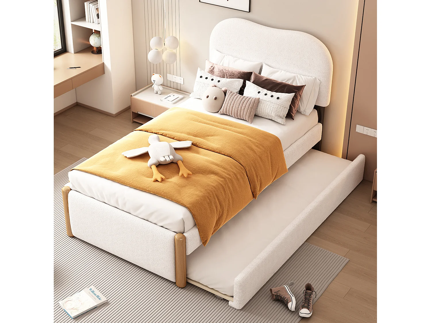 Letto bianco per adulti 90x200cm con letto estraibile 91x191cm, tessuto peloso + MDF