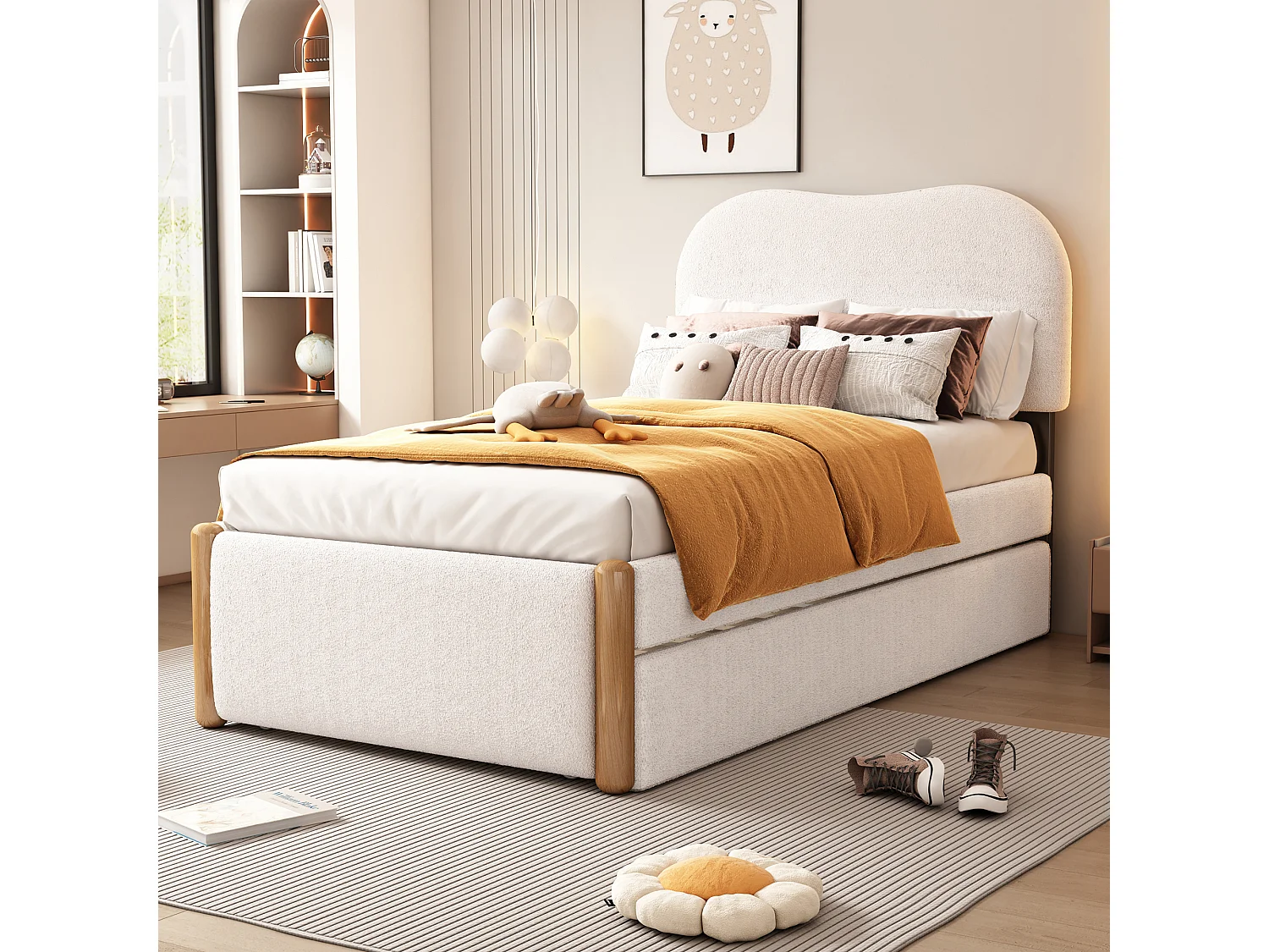 Letto bianco per adulti 90x200cm con letto estraibile 91x191cm, tessuto peloso + MDF