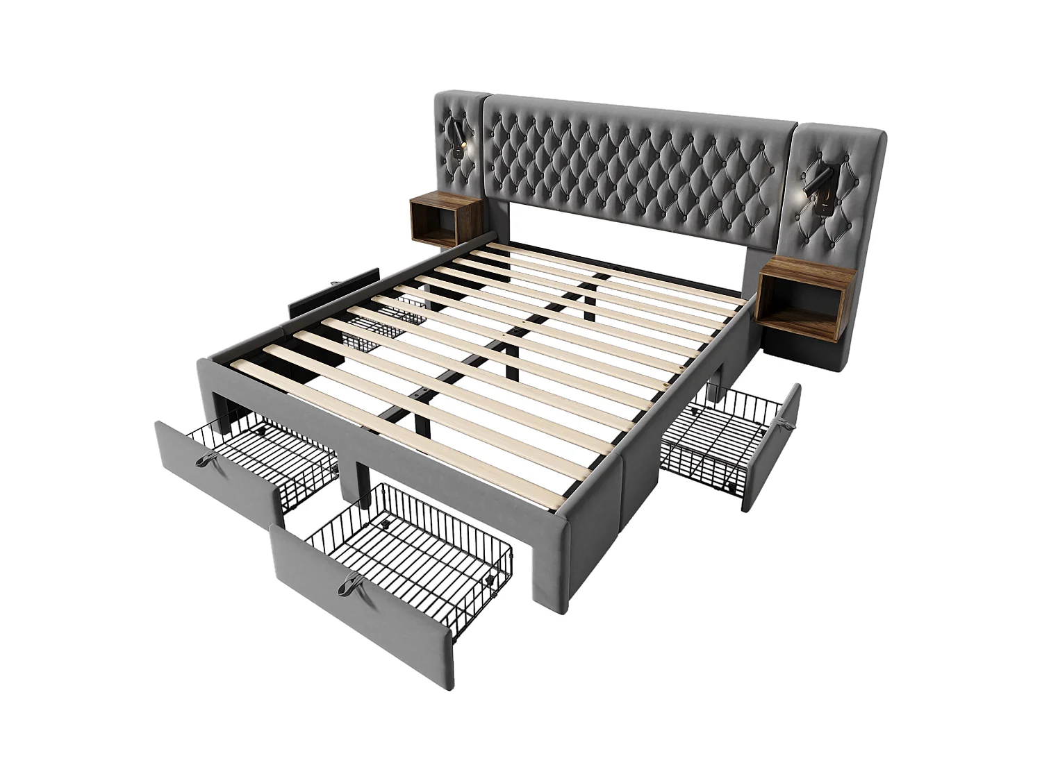 Letto matrimoniale per adulti 180x200cm in velluto grigio con 2 comodini, 4 cassetti, USB e luce di lettura, senza materasso