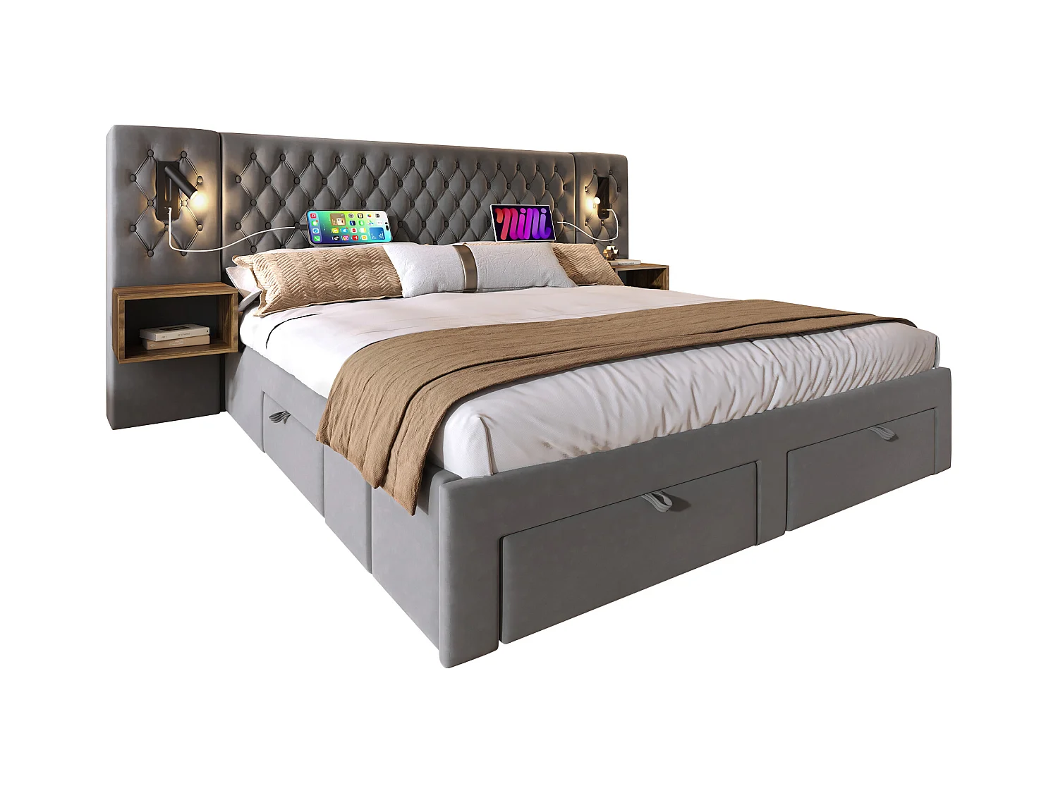 Letto matrimoniale per adulti 180x200cm in velluto grigio con 2 comodini, 4 cassetti, USB e luce di lettura, senza materasso