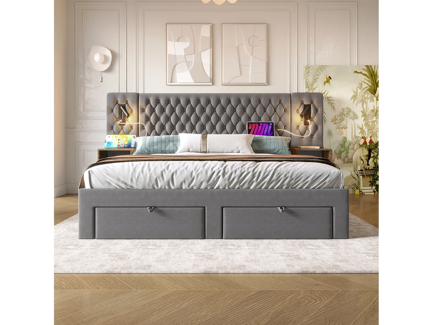 Lit double adulte 180x200cm en velours gris avec 2 tables de chevet, 4 tiroirs, USB et liseuse, sans matelas
