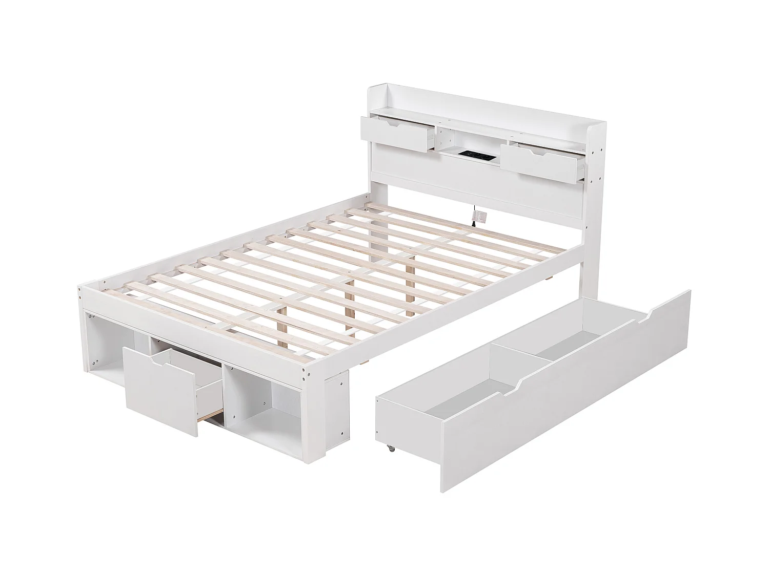 Letto matrimoniale bianco 160x200cm con 5 cassetti e porta USB, ampio spazio di archiviazione, senza materasso