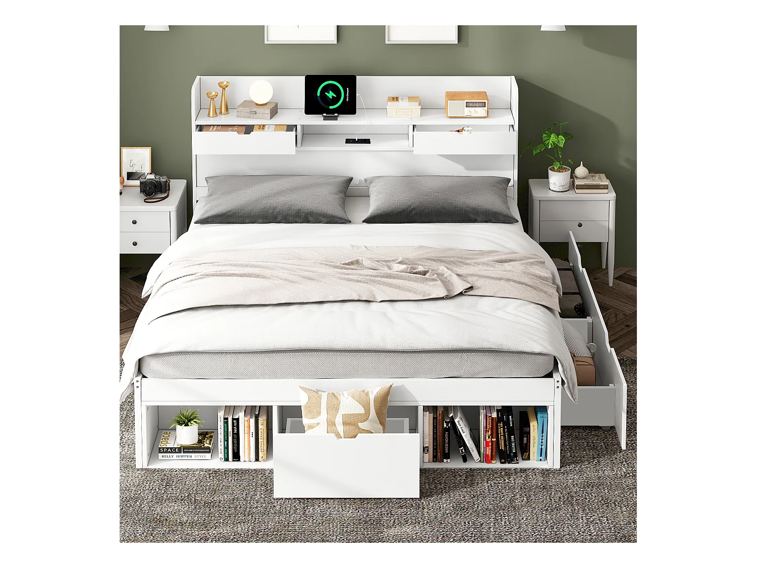 Lit double blanc 160x200cm avec 5 tiroirs et port USB, grand espace de rangement, sans matelas