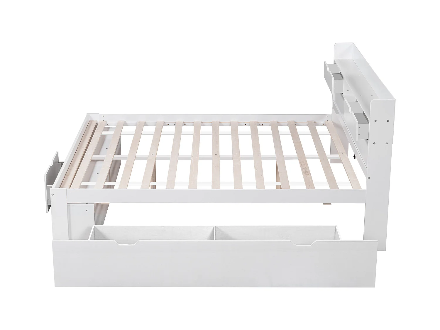 Lit double blanc 160x200cm avec 5 tiroirs et port USB, grand espace de rangement, sans matelas