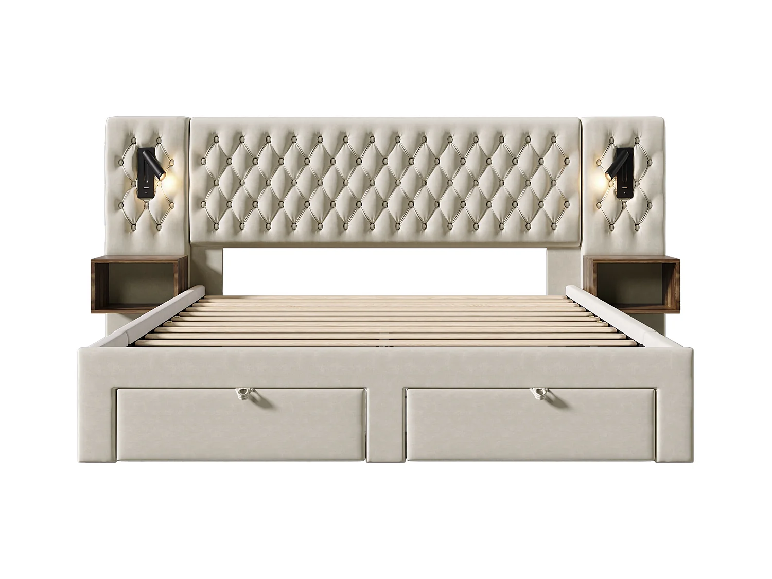 Lit double adulte 160x200cm en velours beige avec 2 tables de chevet, 4 tiroirs, USB et liseuse, sans matelas