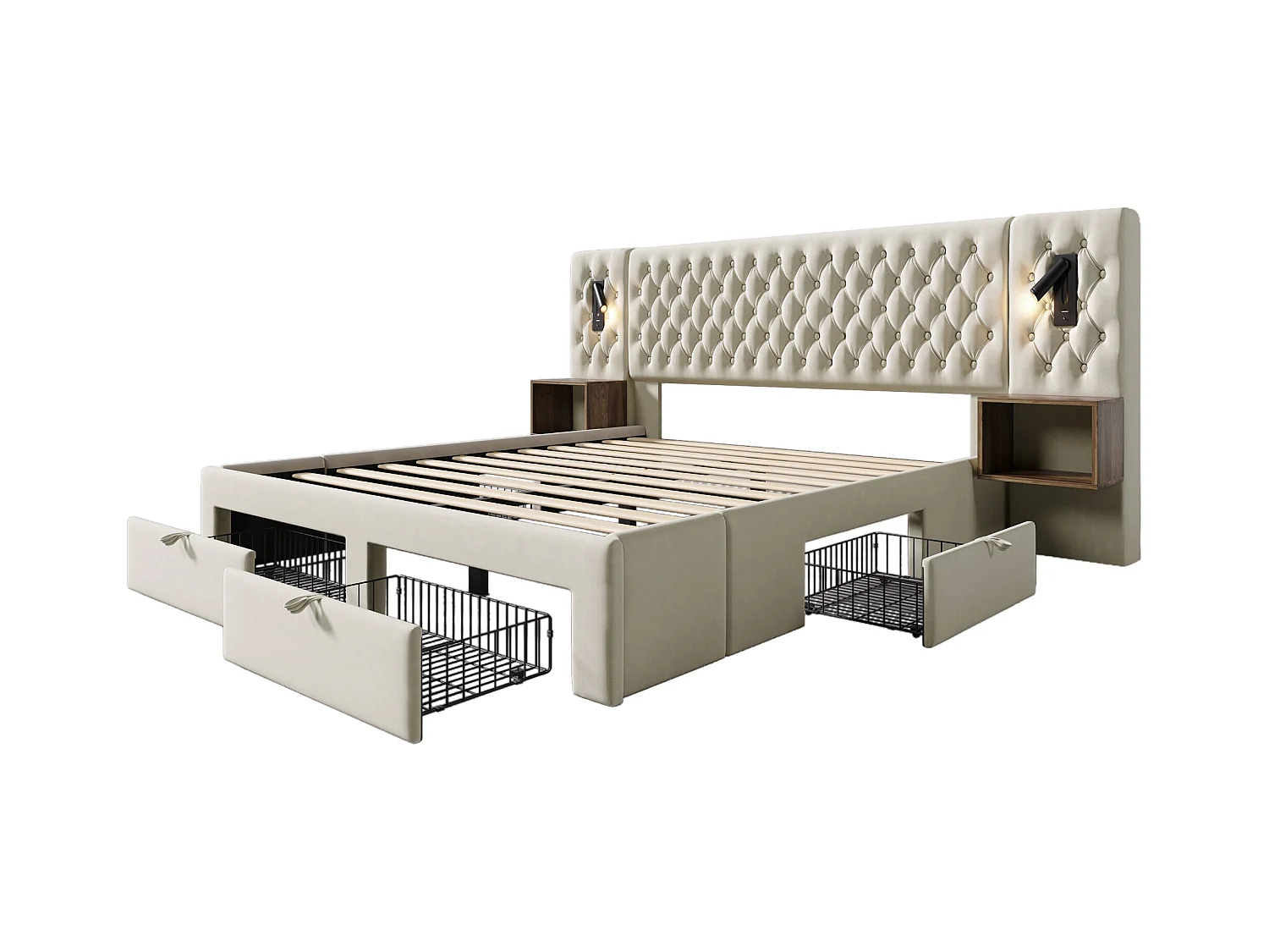 Lit double adulte 160x200cm en velours beige avec 2 tables de chevet, 4 tiroirs, USB et liseuse, sans matelas