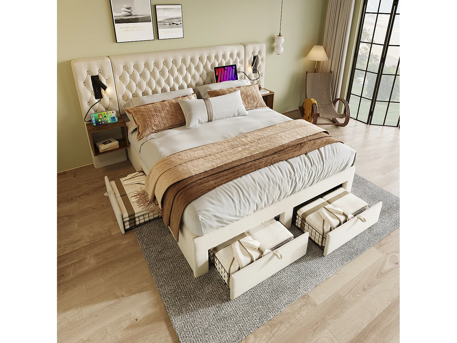 Lit double adulte 160x200cm en velours beige avec 2 tables de chevet, 4 tiroirs, USB et liseuse, sans matelas