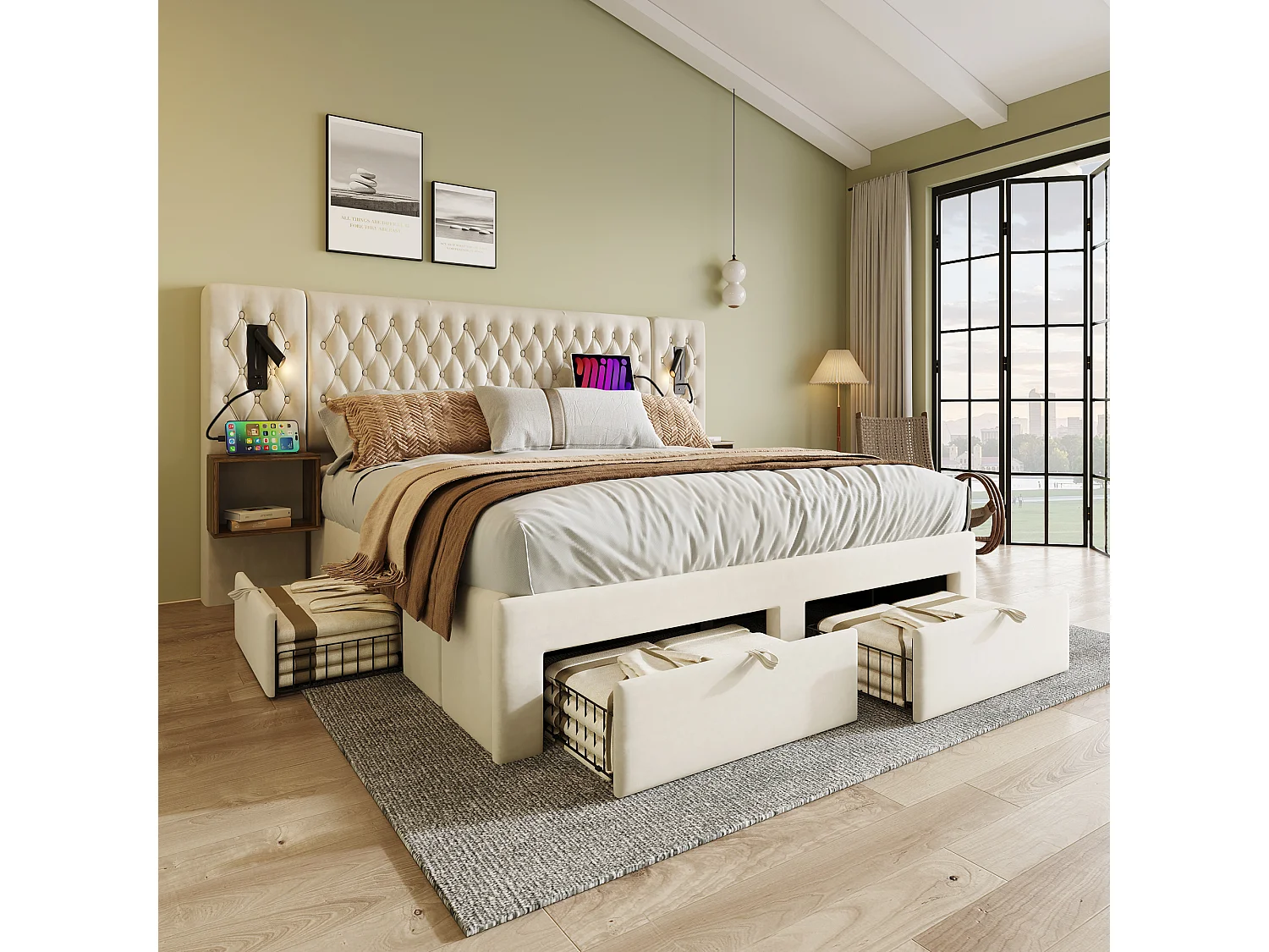 Lit double adulte 160x200cm en velours beige avec 2 tables de chevet, 4 tiroirs, USB et liseuse, sans matelas