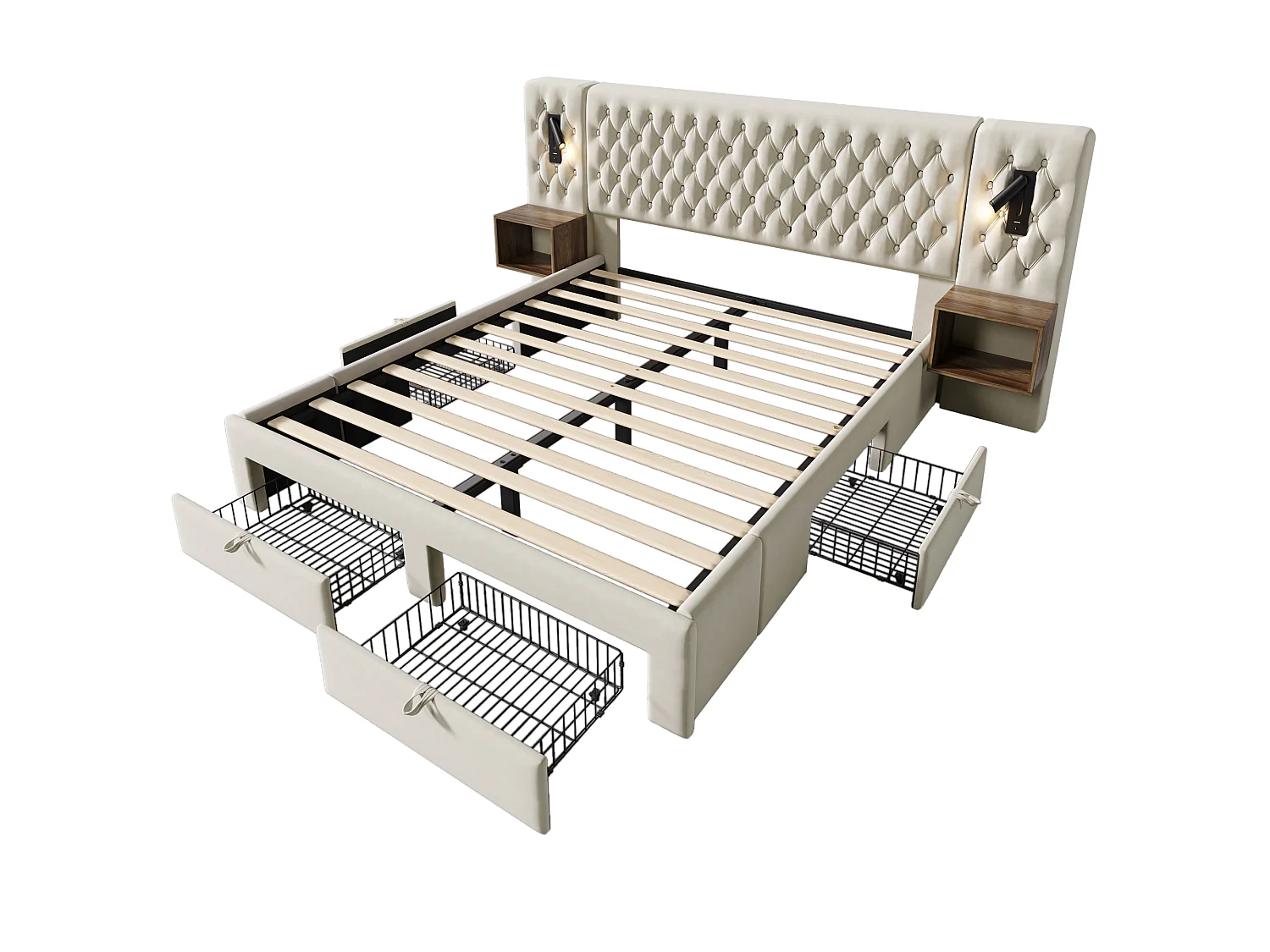 Lit double adulte 160x200cm en velours beige avec 2 tables de chevet, 4 tiroirs, USB et liseuse, sans matelas