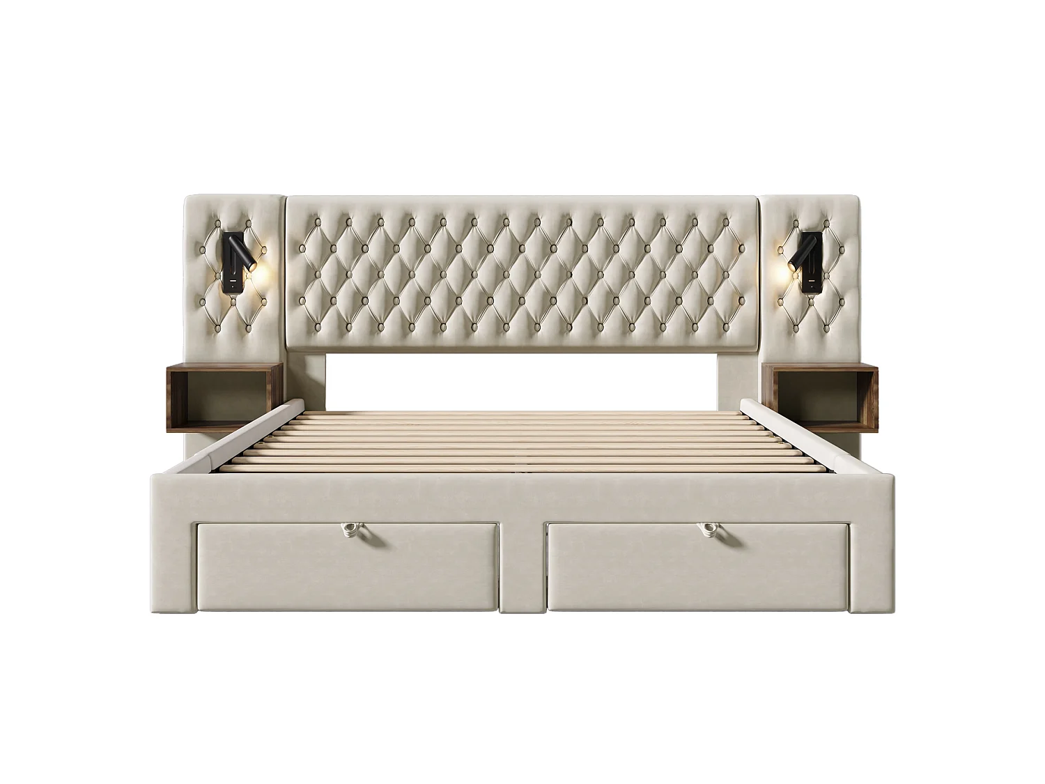 Lit double adulte 160x200cm en velours beige avec 2 tables de chevet, 4 tiroirs, USB et liseuse, sans matelas