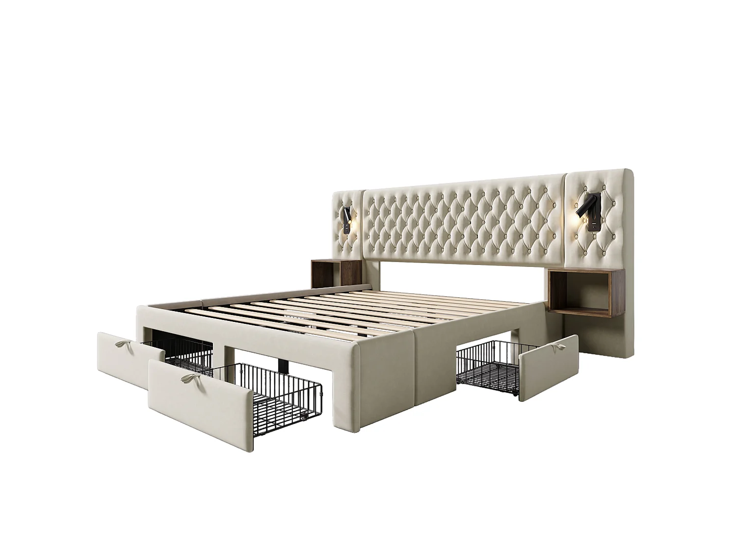 Lit double adulte 160x200cm en velours beige avec 2 tables de chevet, 4 tiroirs, USB et liseuse, sans matelas