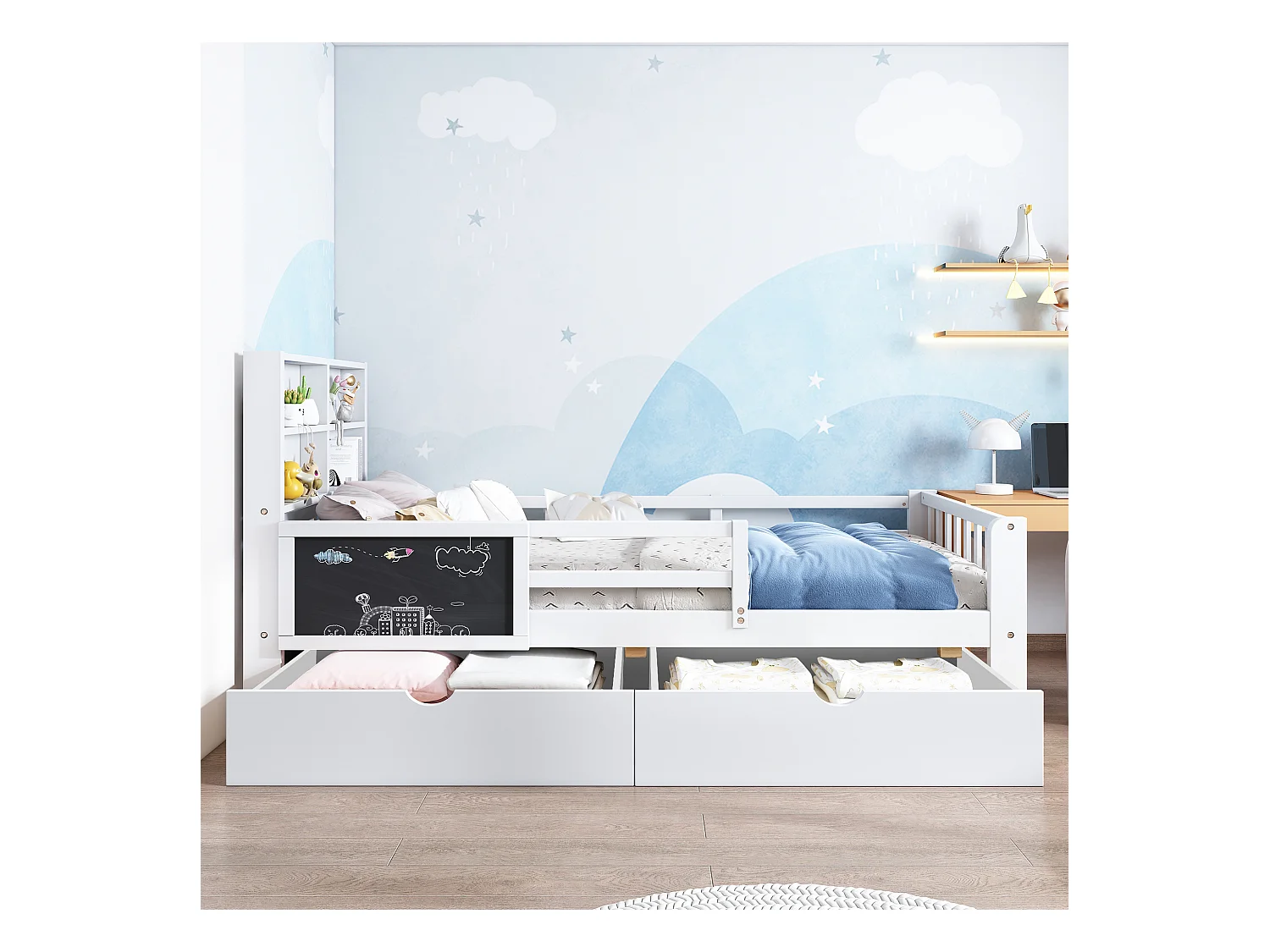 Lit enfant blanc 90x200cm avec 2 tiroirs, tableau noir, sans matelas