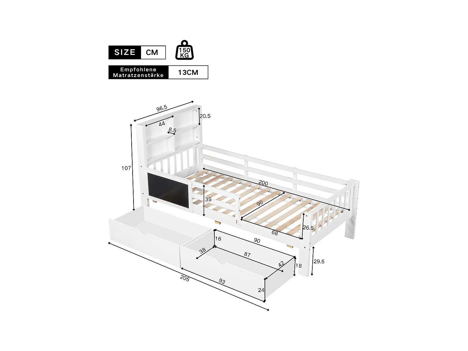 Lit enfant blanc 90x200cm avec 2 tiroirs, tableau noir, sans matelas