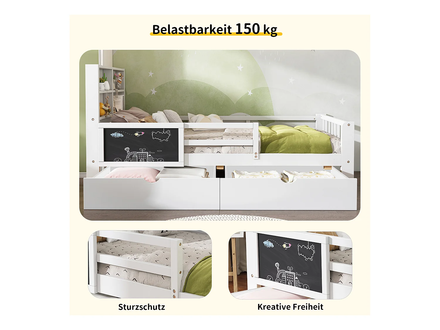 Lit enfant blanc 90x200cm avec 2 tiroirs, tableau noir, sans matelas