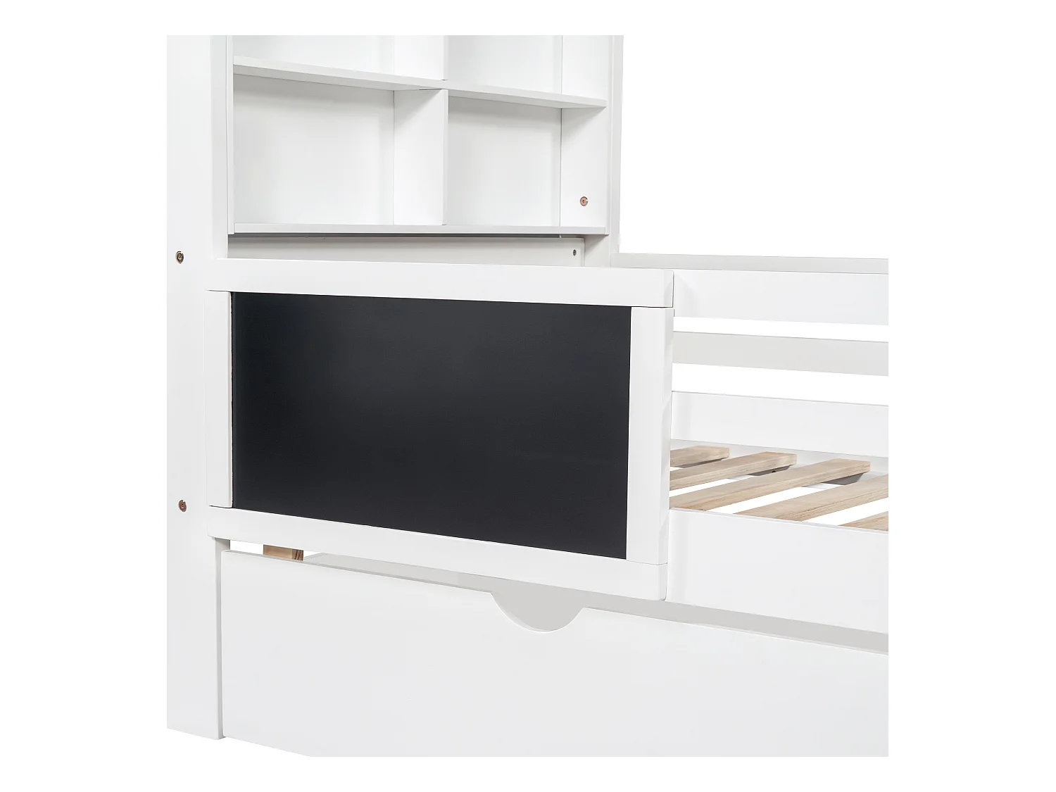 Lit enfant blanc 90x200cm avec 2 tiroirs, tableau noir, sans matelas