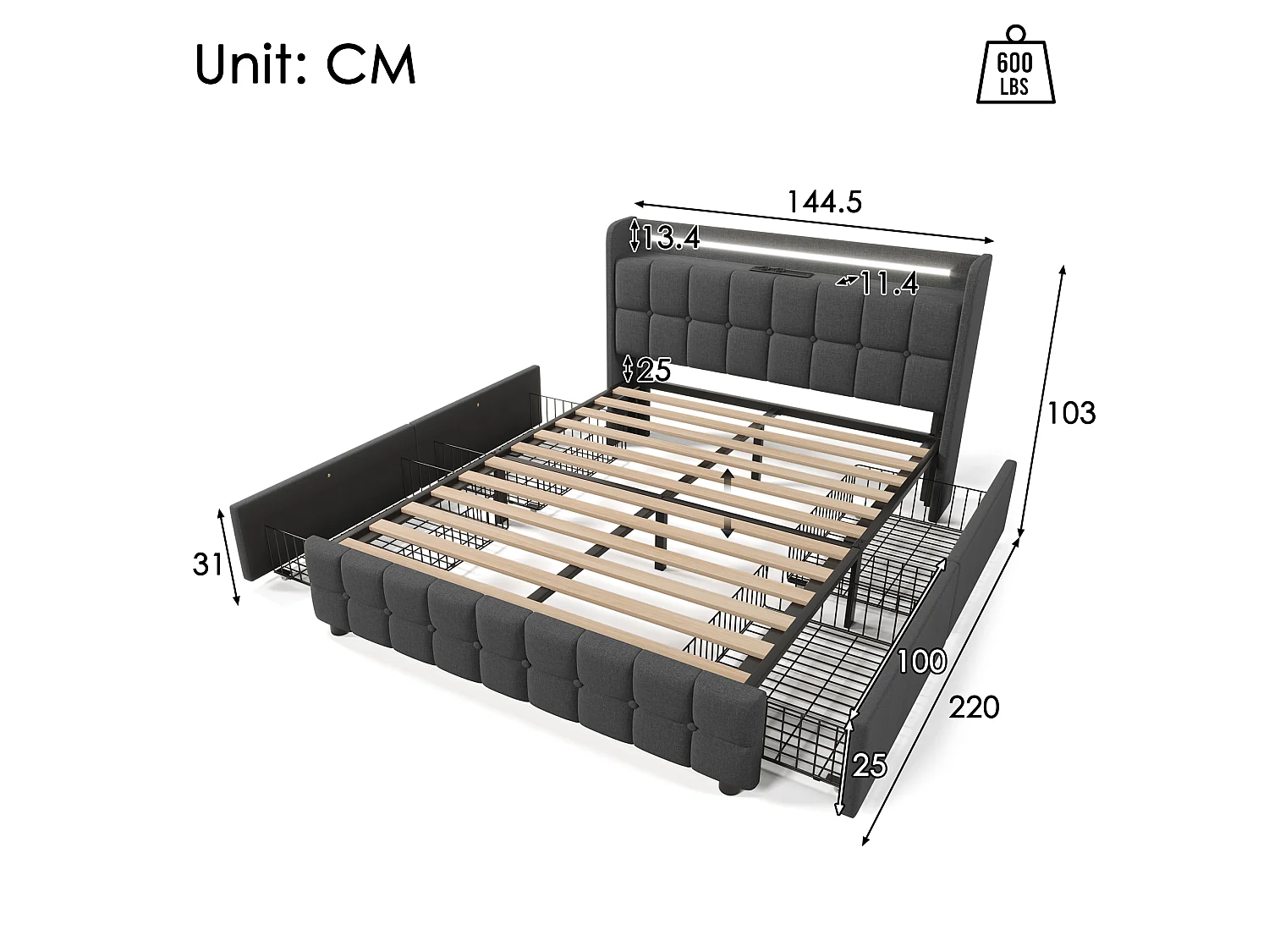 Lit double gris 140x200cm avec 4 tiroirs, chargement USB et LED, matelas+ tissu lin