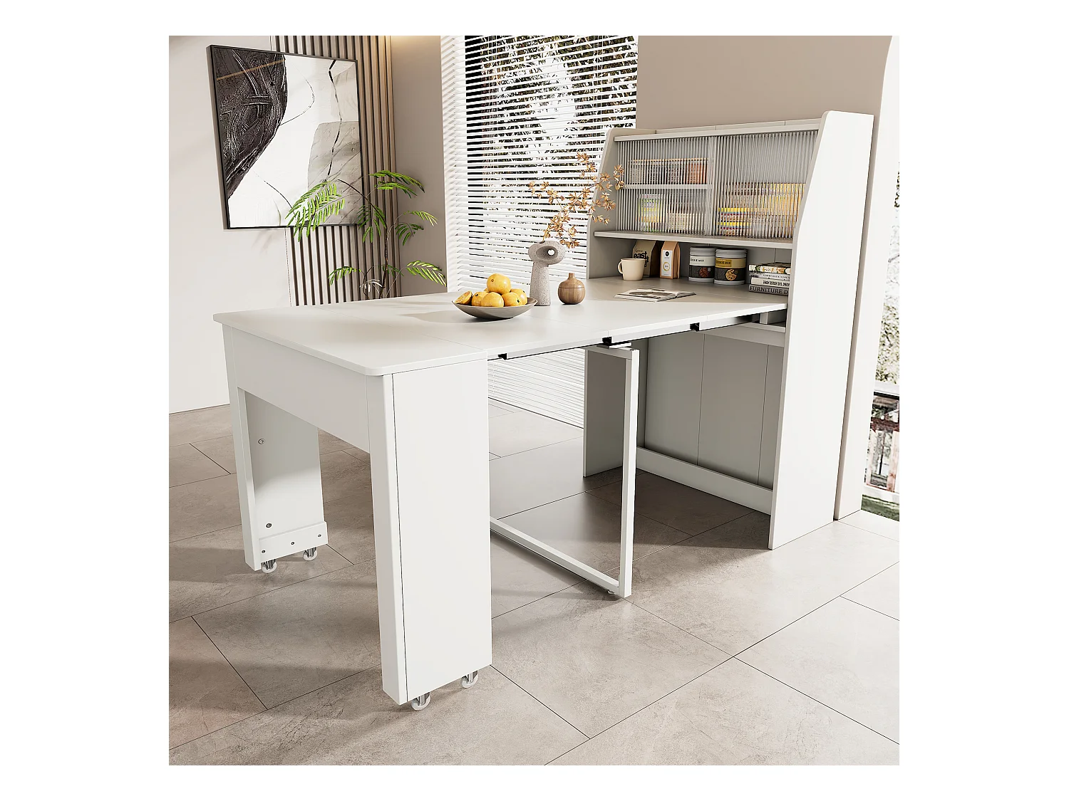 Table à manger blanche extensible 2 à 3 personnes avec rangement, réglable en 4 longueurs, 52/132,5x80x73cm