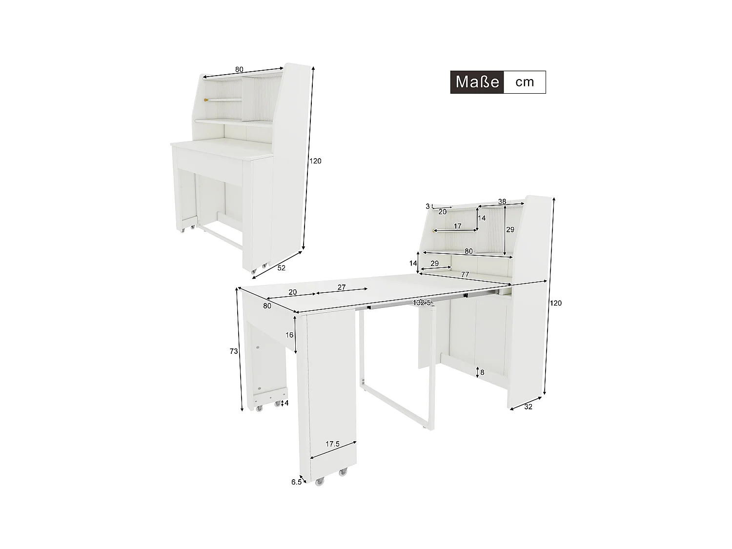 Table à manger blanche extensible 2 à 3 personnes avec rangement, réglable en 4 longueurs, 52/132,5x80x73cm