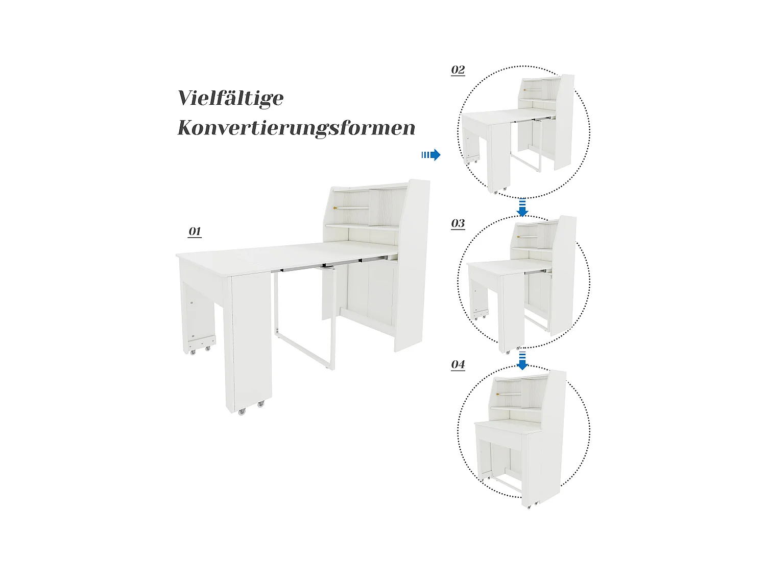 Table à manger blanche extensible 2 à 3 personnes avec rangement, réglable en 4 longueurs, 52/132,5x80x73cm