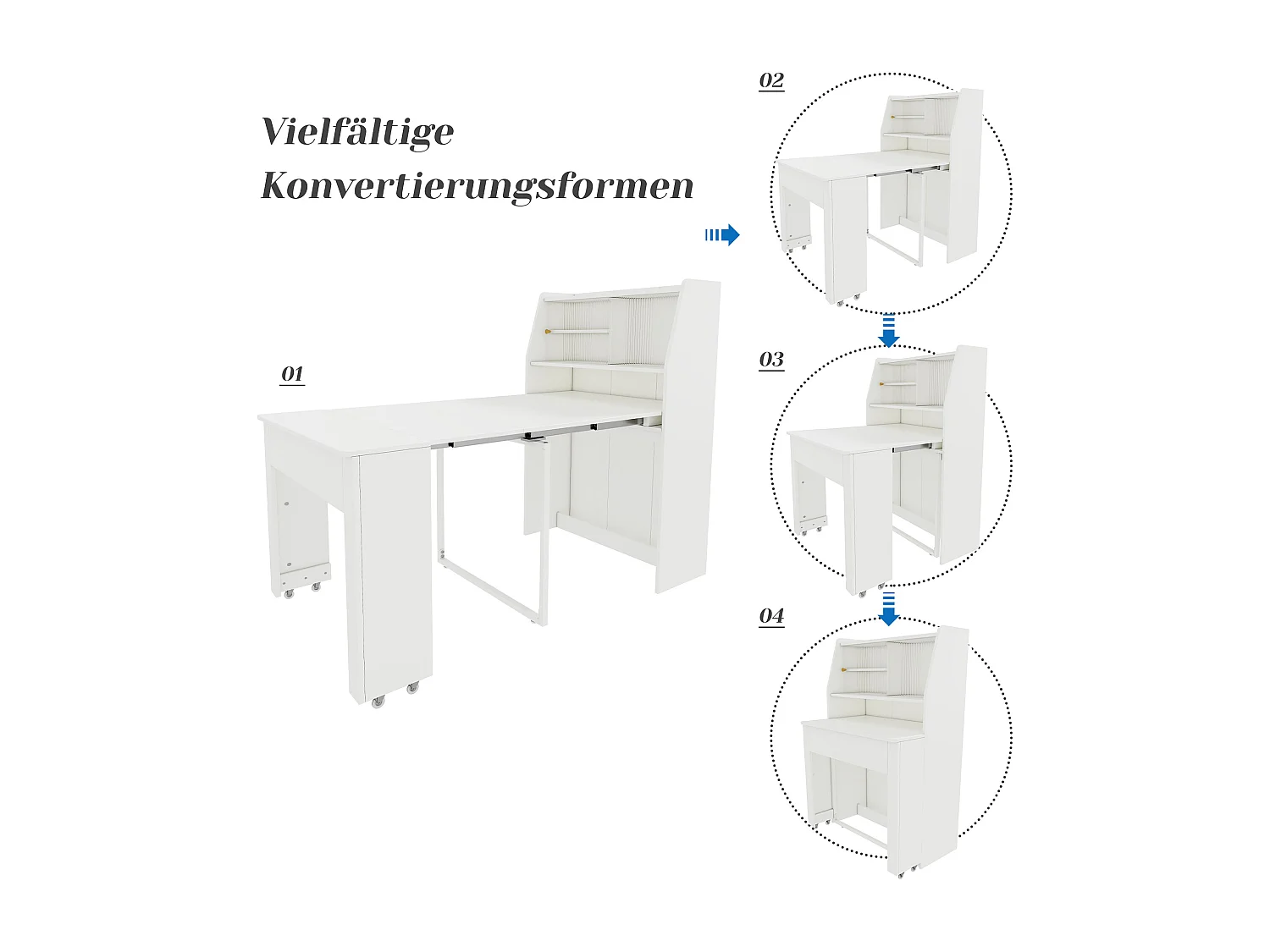Tavolo da pranzo allungabile bianco per 2 o 3 persone con spazio di archiviazione, regolabile in 4 lunghezze, 52/132,5x80x73cm