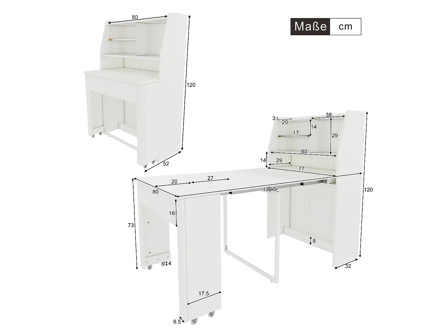 Witte uitschuifbare eettafel voor 2 tot 3 personen met opbergruimte, verstelbaar in 4 lengtes, 52/132,5x80x73cm