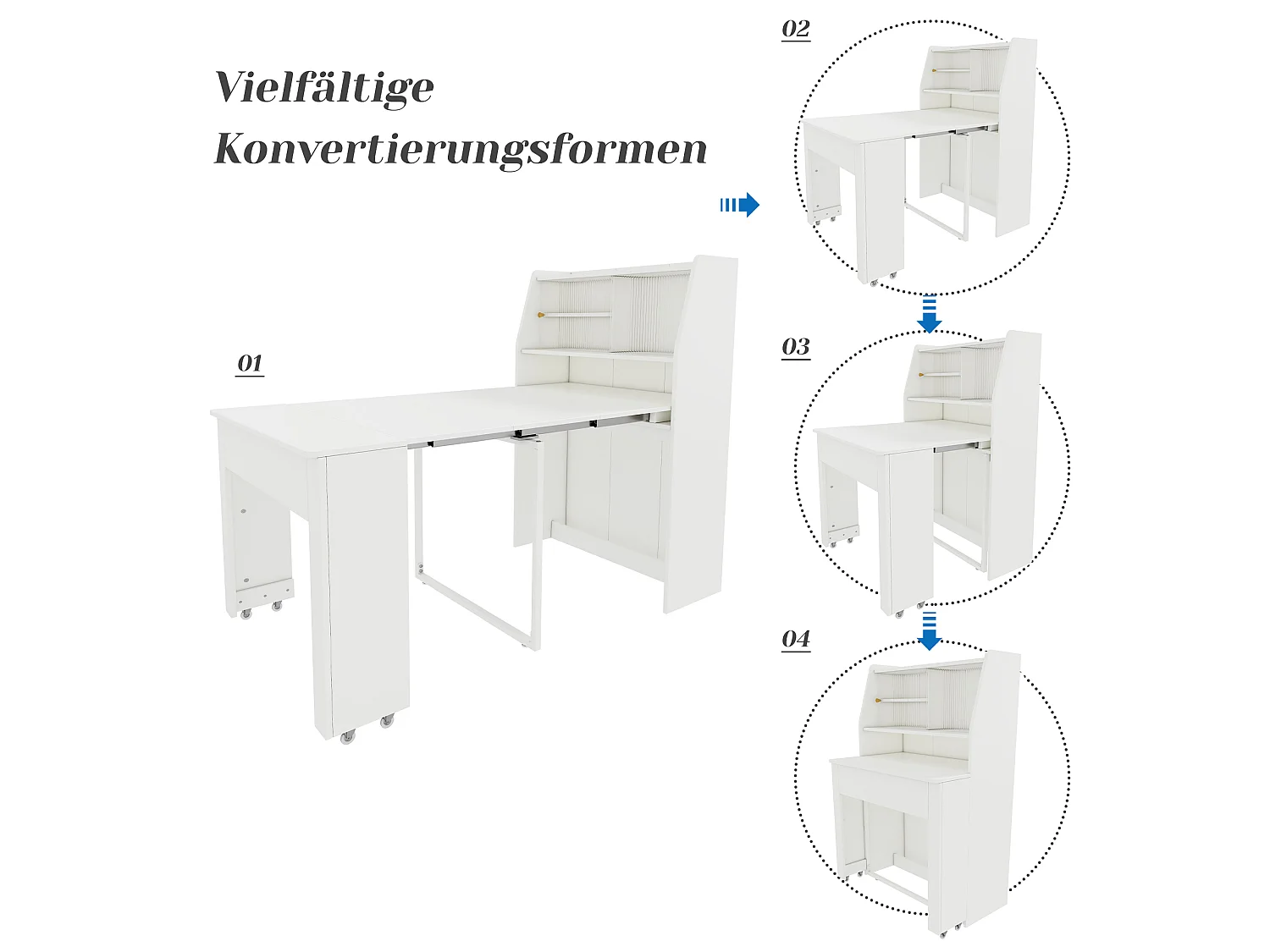 Witte uitschuifbare eettafel voor 2 tot 3 personen met opbergruimte, verstelbaar in 4 lengtes, 52/132,5x80x73cm
