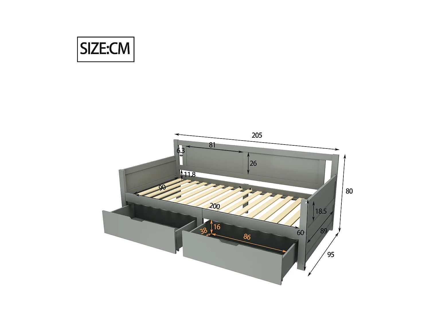 Lit banquette simple enfant gris 90x200cm avec 2 tiroirs, sans matelas, style simple