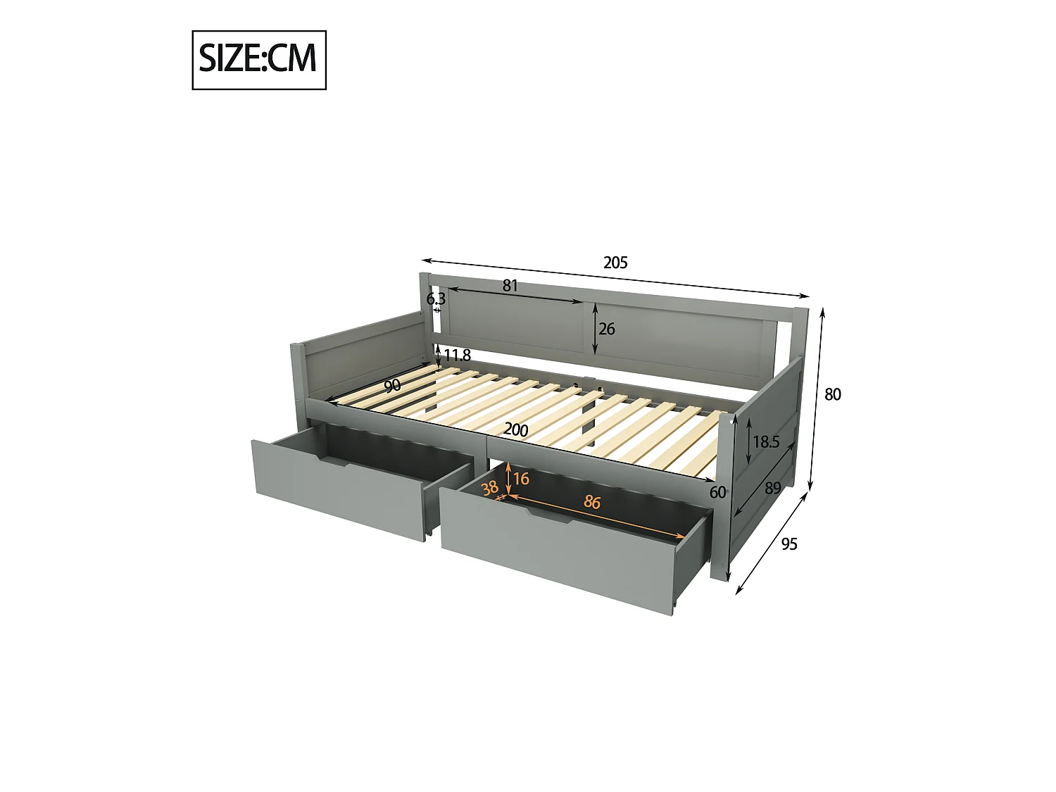 Lit banquette simple enfant gris 90x200cm avec 2 tiroirs, sans matelas, style simple