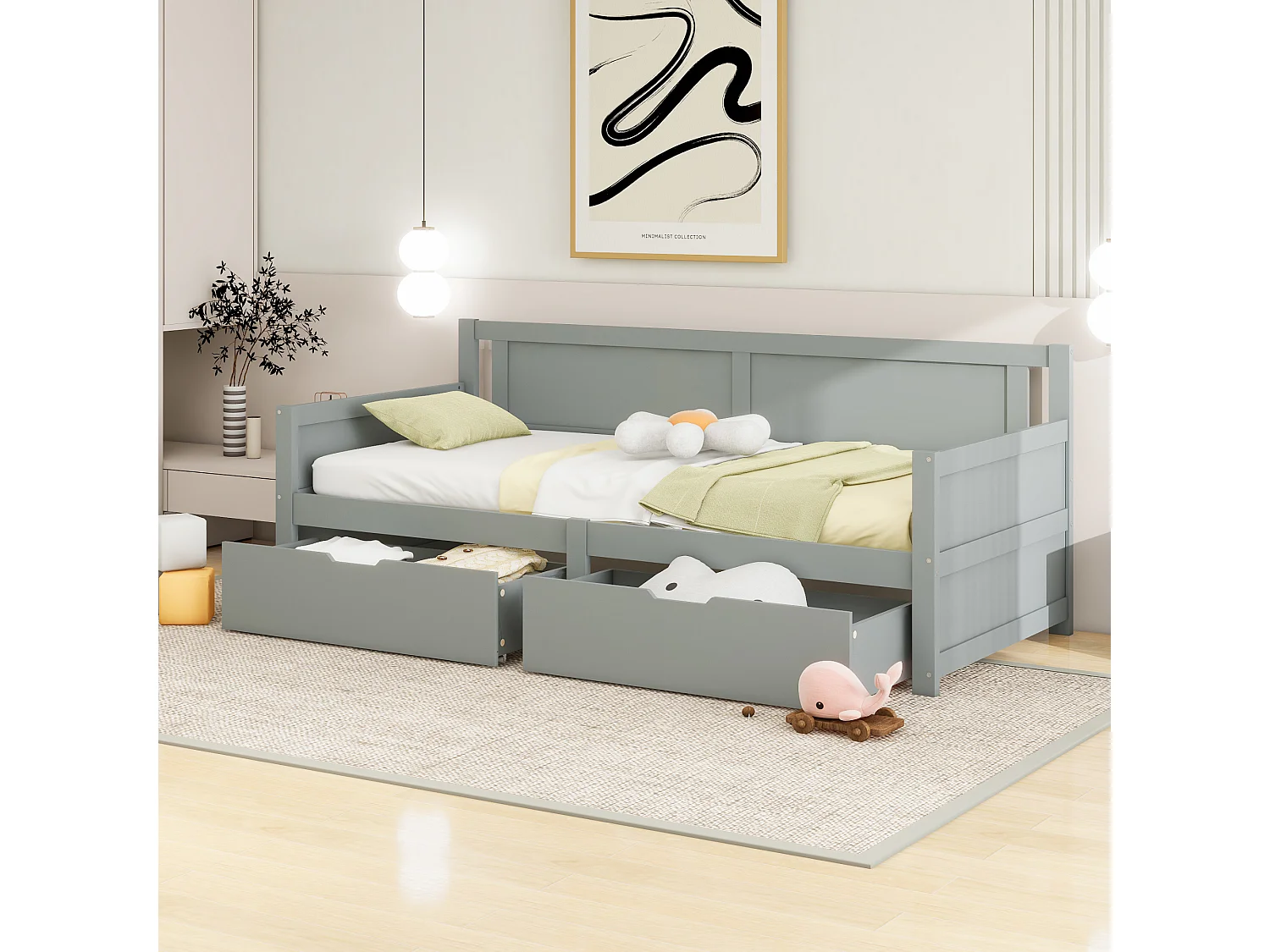 Lit banquette simple enfant gris 90x200cm avec 2 tiroirs, sans matelas, style simple