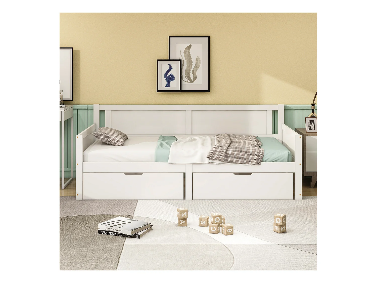 Lit banquette simple enfant blanc 90x200cm avec 2 tiroirs, sans matelas, style simple