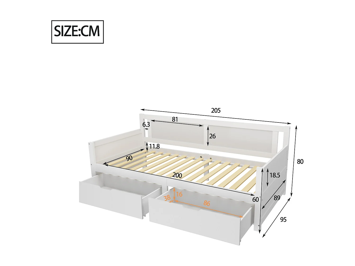 Divano letto singolo per bambini bianco 90x200cm con 2 cassetti, senza materasso, stile semplice